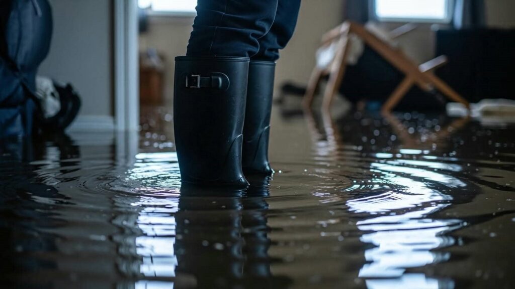 Person wearing black rain boots standing in a flooded room with water covering the floor.