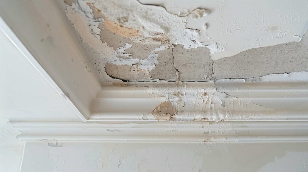 Peeling and cracked paint on a ceiling with water damage and exposed plaster.
