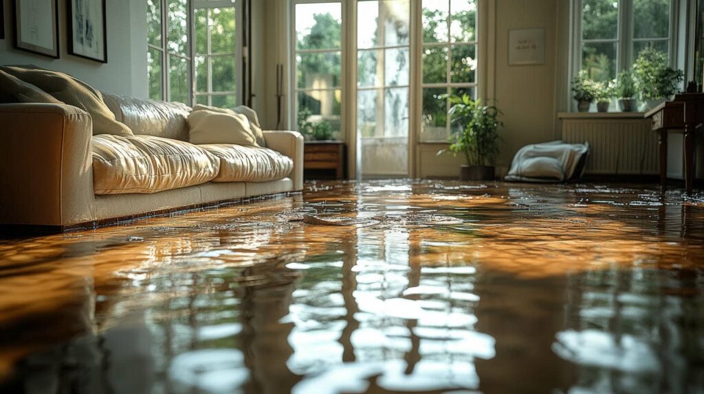 Living room with water flooding the wooden floor near a beige sofa and large windows.