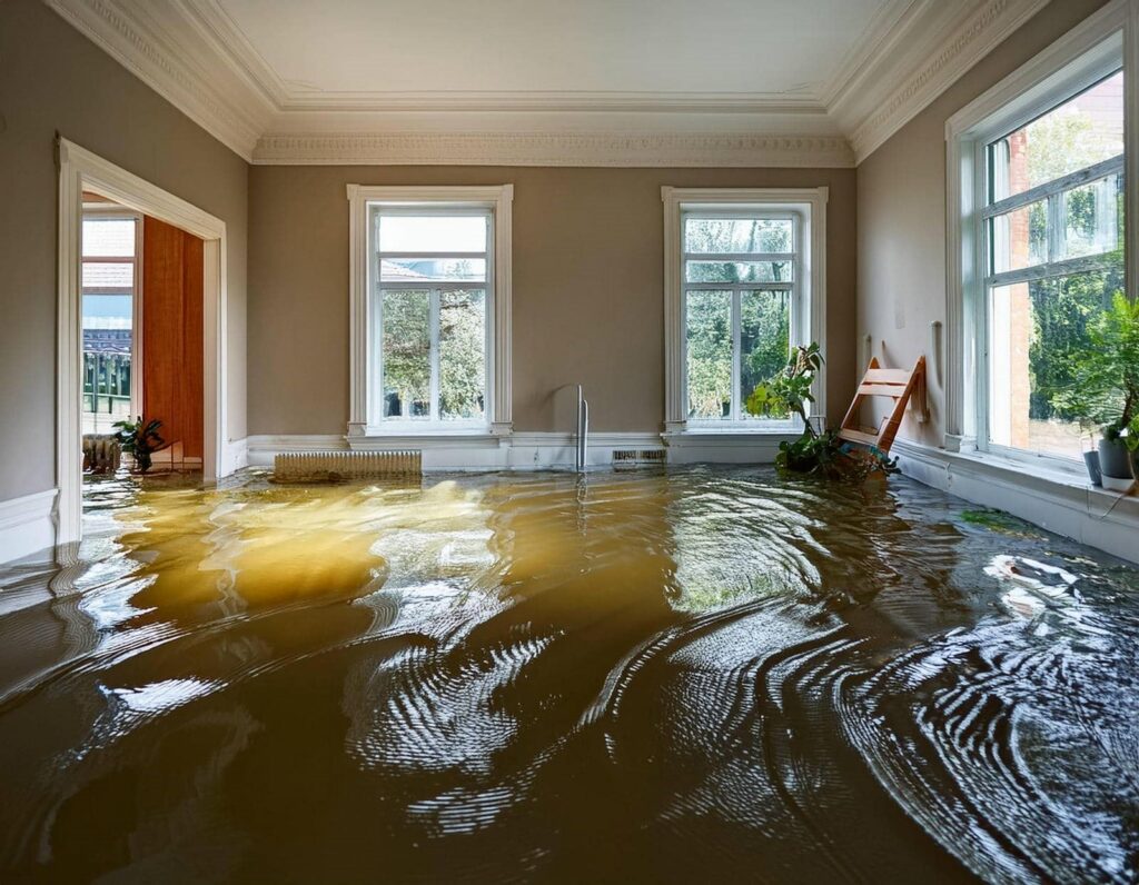 Living room flooded with murky water reaching window sills and partially submerged furniture and plants.