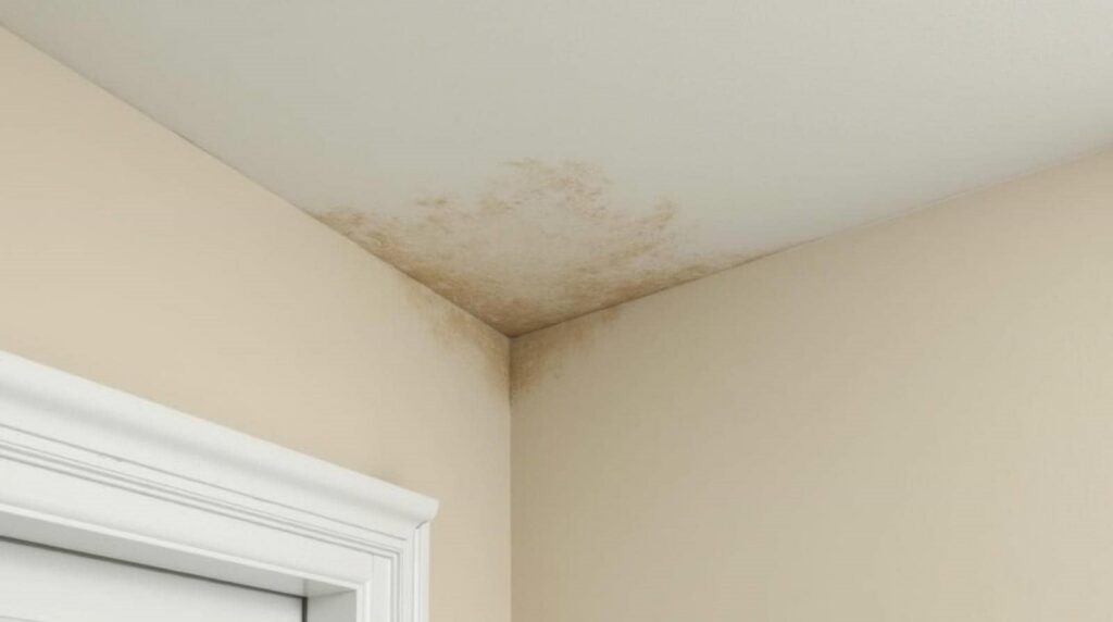 Mold growth on the ceiling and upper corner of beige walls above a door frame.