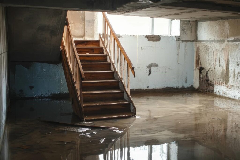 Flooded basement with wooden stairs and water reflecting the window light.