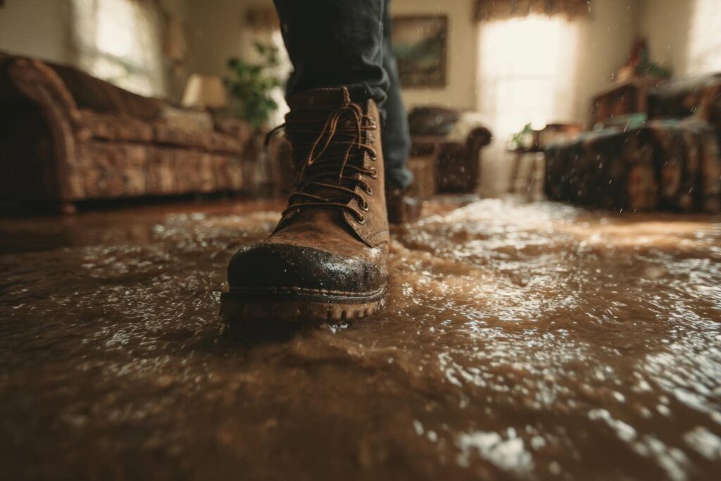 Close-up of a boot stepping through floodwater inside a living room.