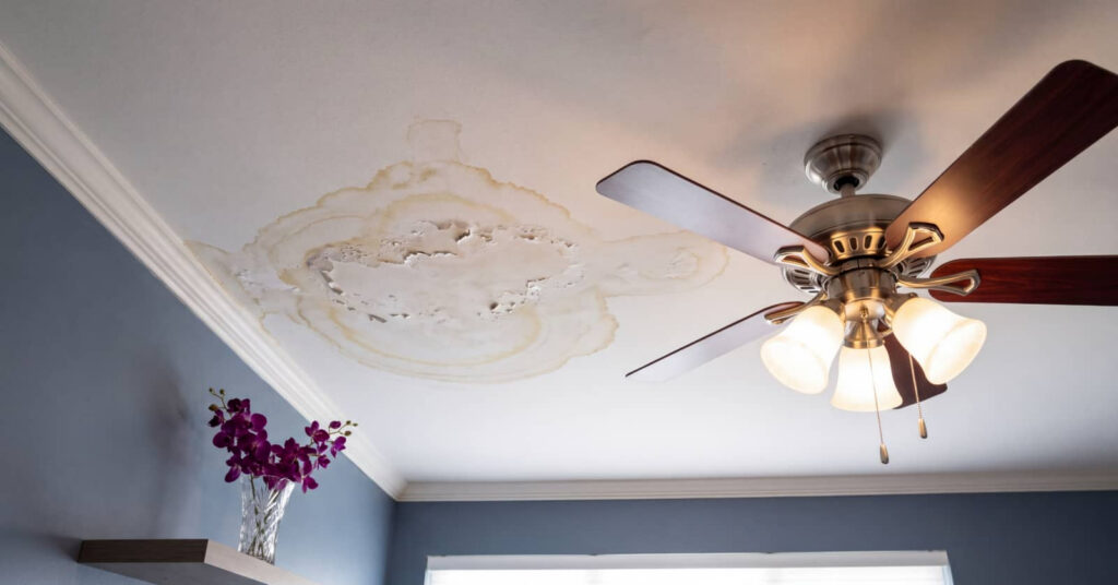 Water-damaged ceiling around a ceiling fan.