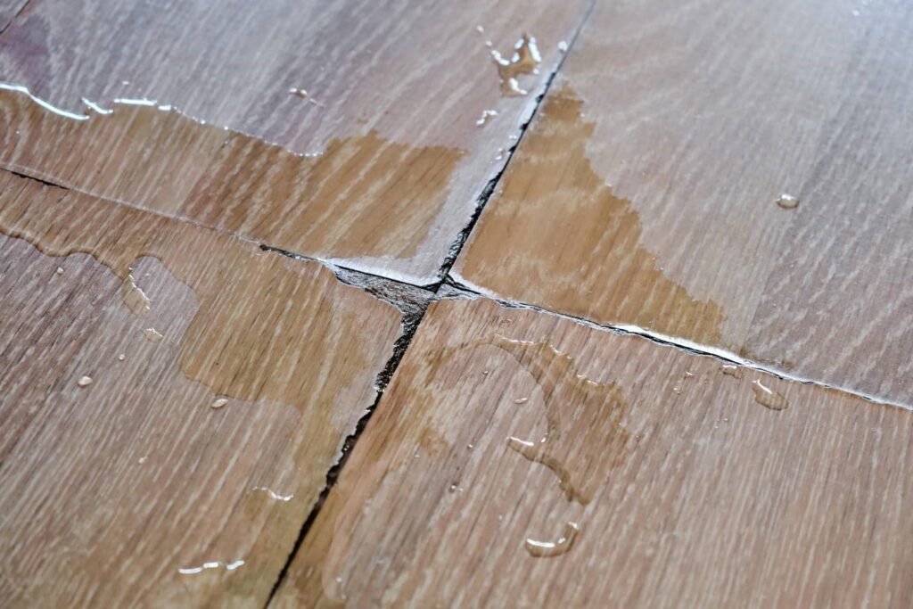 Water pooling on damaged and cracked wooden floorboards.