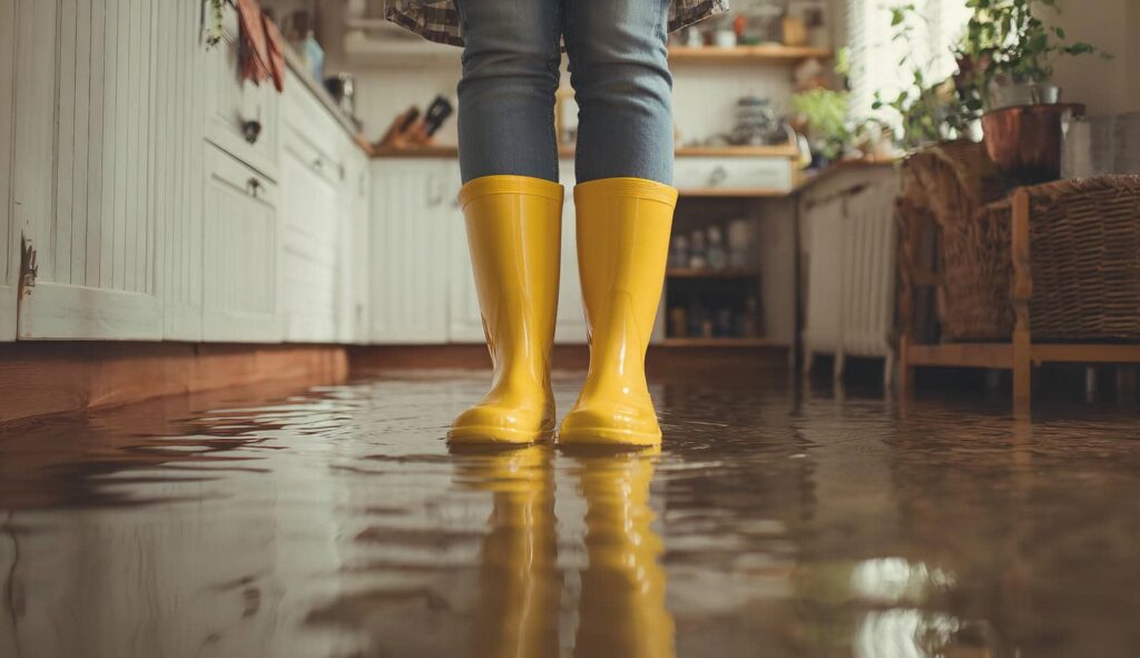Person wearing yellow rain boots standing in a flooded kitchen with water covering the floor.