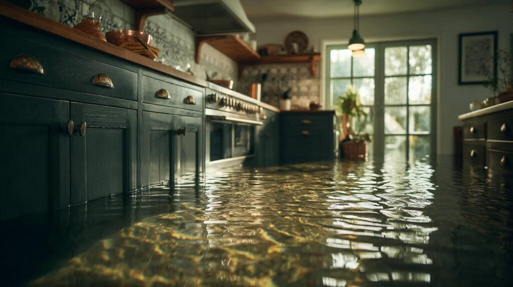 Water flooding the floor of a kitchen with dark cabinets and a glass door in the background.