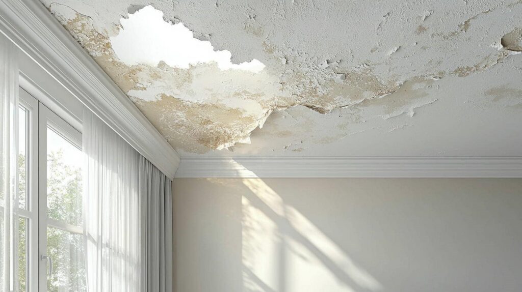 Ceiling with extensive water damage and peeling paint near a window with sheer curtains.
