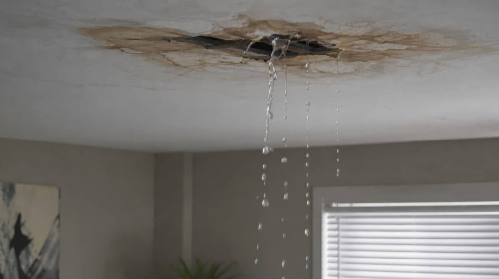Water leaking through a damaged ceiling.