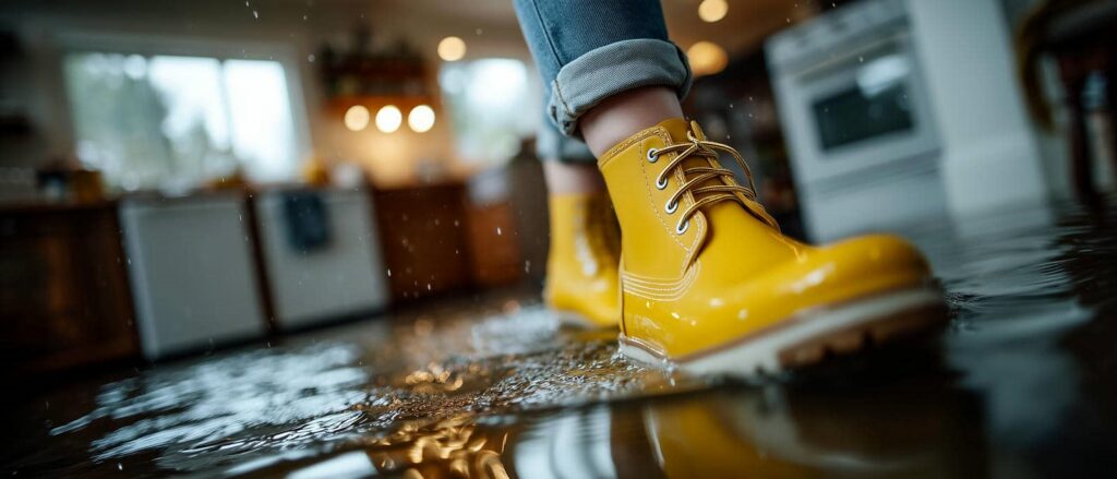Person wearing yellow rain boots stepping in a flooded kitchen with water on the floor.