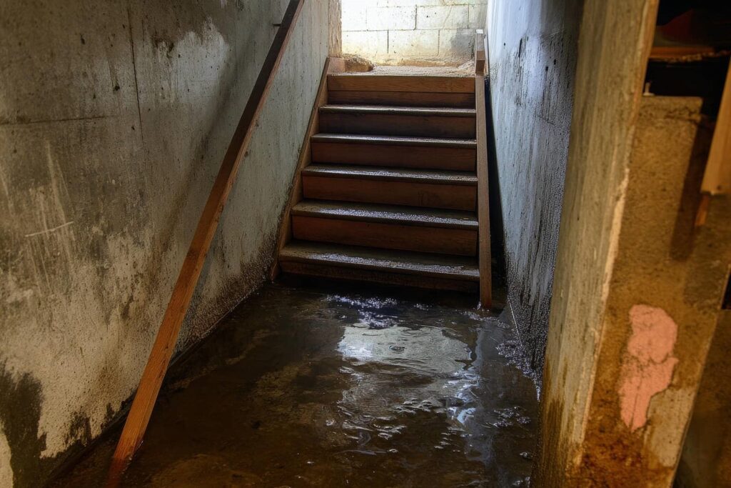 Flooded basement stairs with water covering the floor and damp, stained walls.