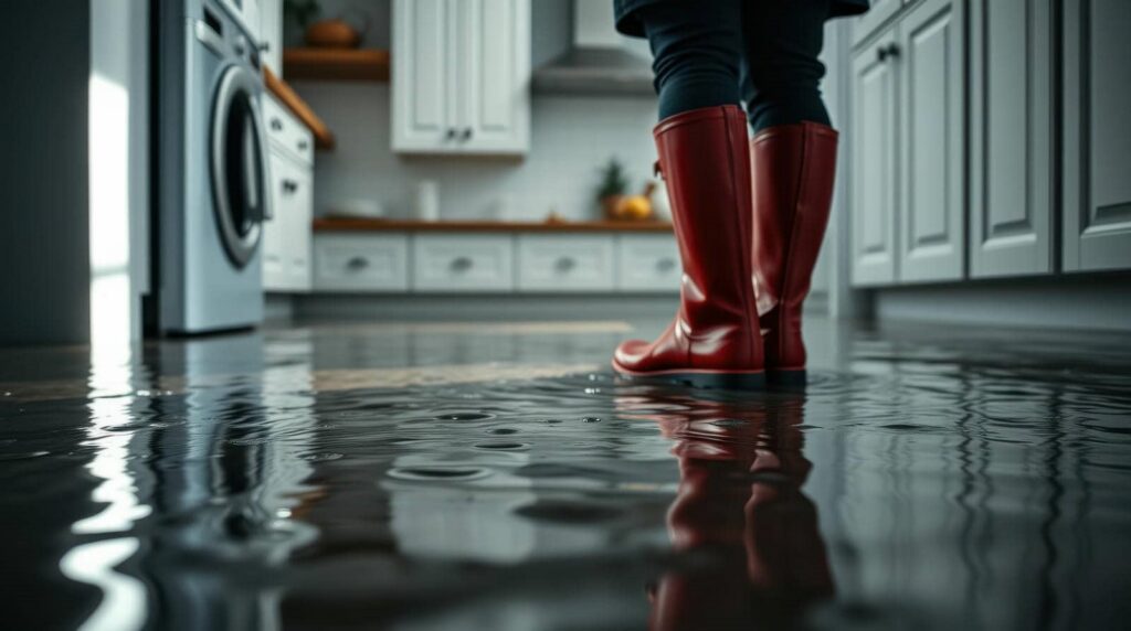 Person wearing red rain boots standing in a flooded kitchen with water covering the floor.