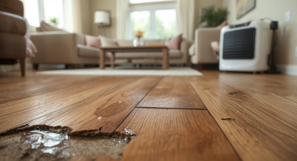 Damaged wooden floor with water pooling in a living room setting.
