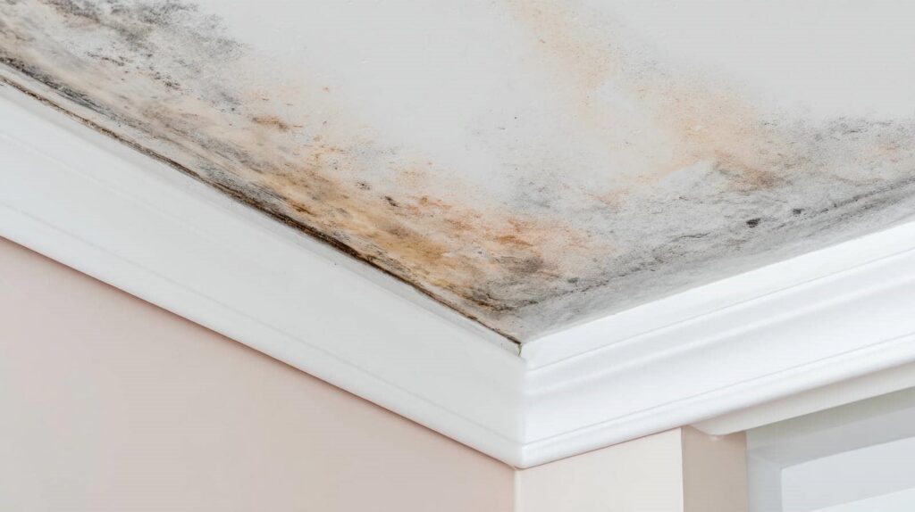 Mold and water damage on a white ceiling corner above crown molding.