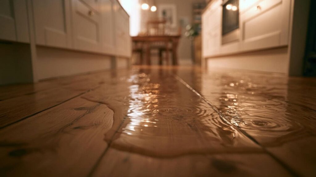 Water spilled and spreading across a wooden kitchen floor.