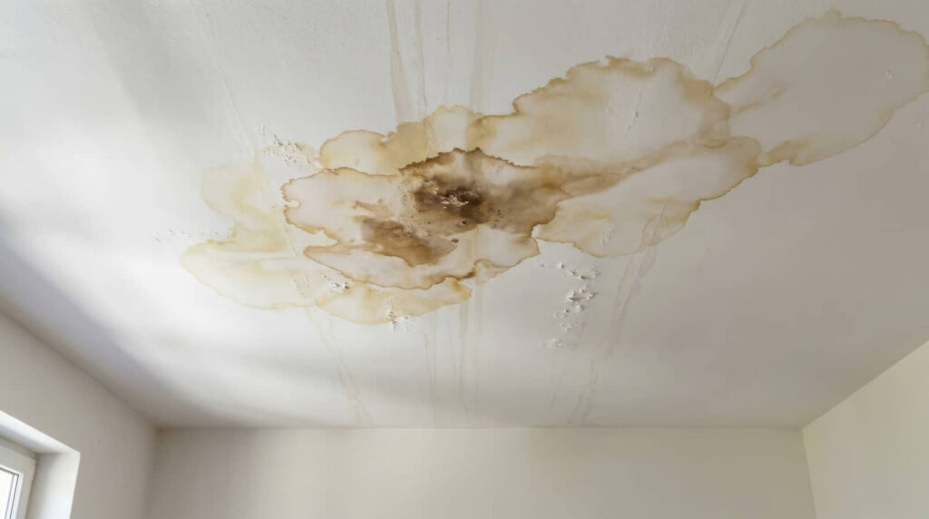 Water-damaged ceiling with large brown stains and peeling paint.