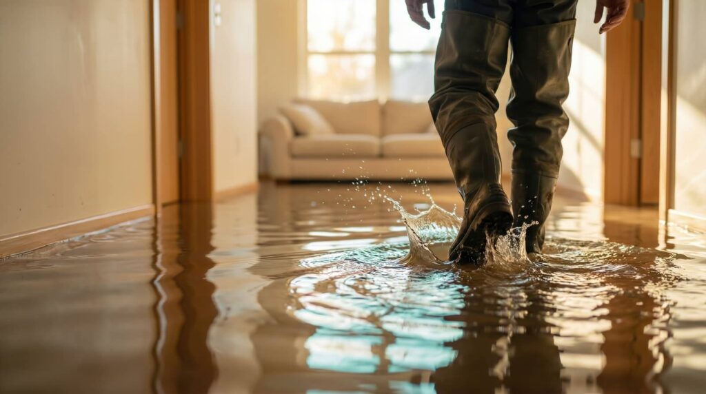 Person in boots wading through a flooded hallway.