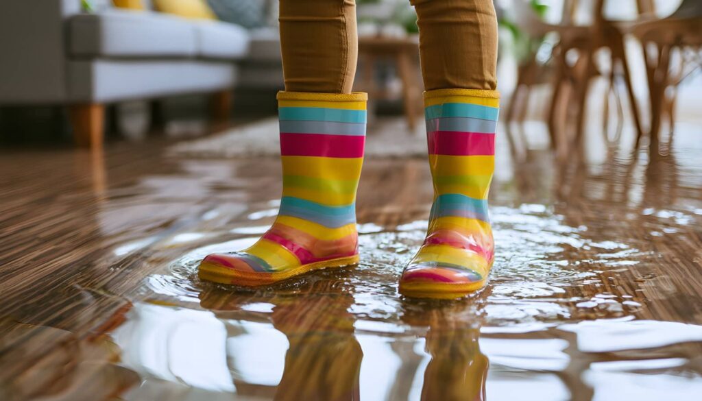 Child wearing colorful rain boots standing in a puddle indoors.
