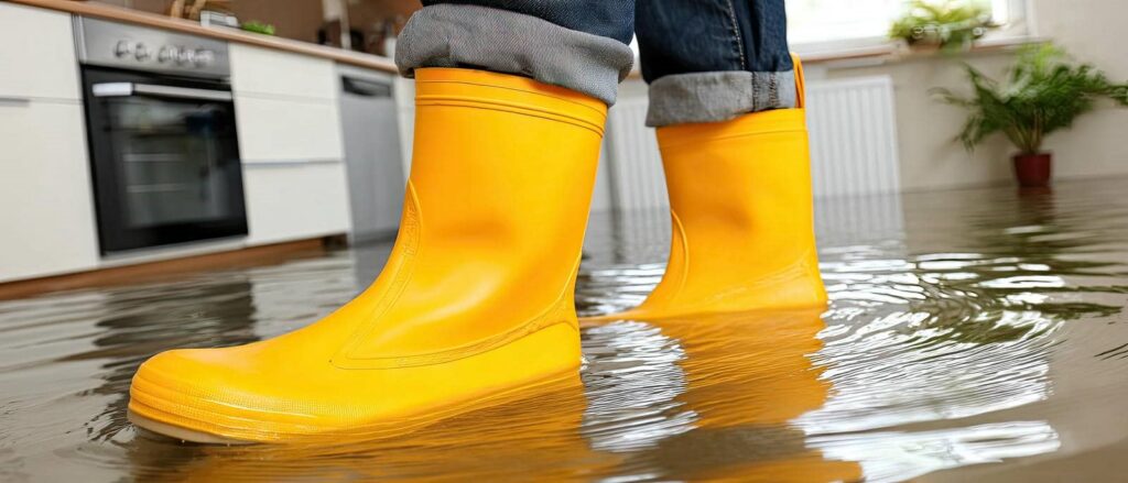 Person wearing yellow rain boots standing in a flooded kitchen with water covering the floor.