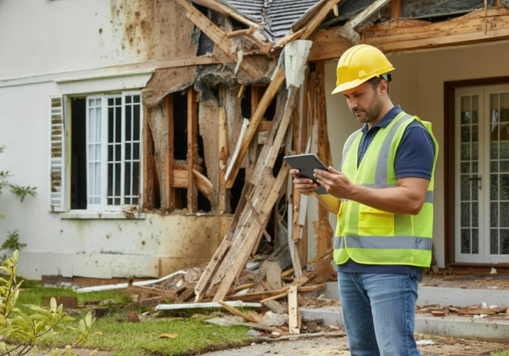 Construction worker in a yellow helmet and vest uses a tablet in front of a severely damaged house.