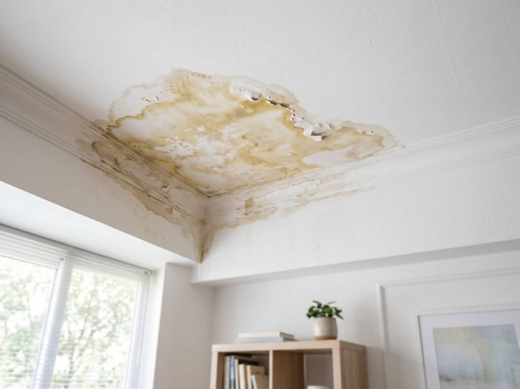 Water-damaged ceiling with peeling paint and stains.