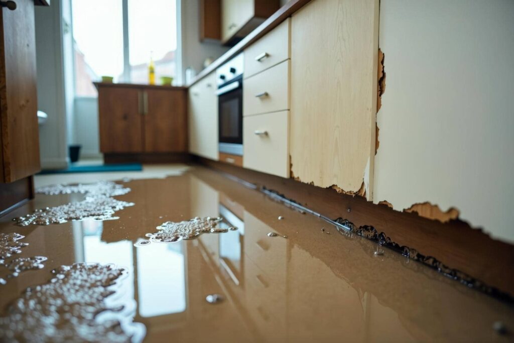 Water flooding a kitchen floor with damaged cabinet bases and peeling wood panels.