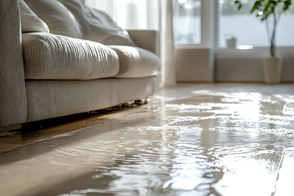 Water flooding a living room floor next to a beige sofa.
