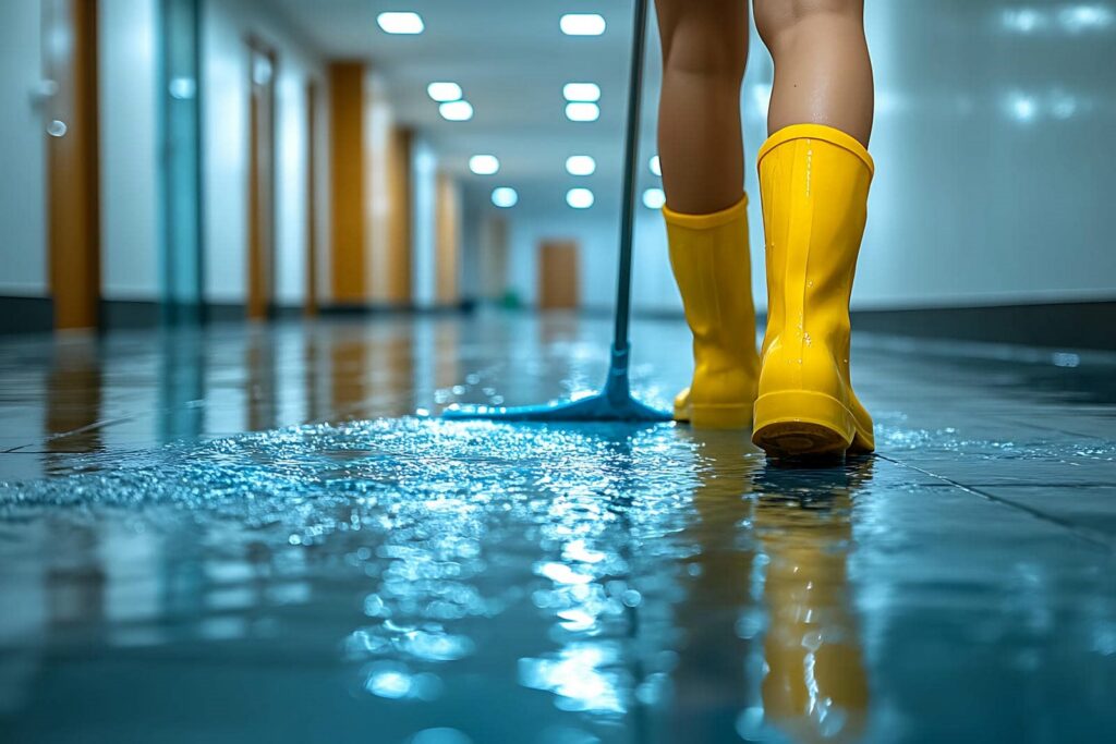 Person wearing yellow rain boots mopping a flooded hallway floor.