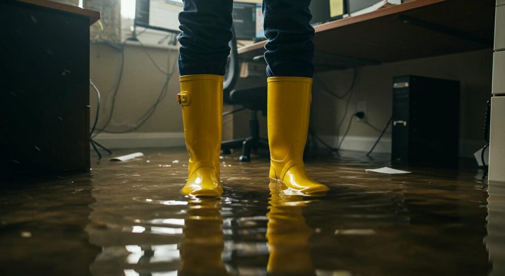Person wearing yellow rain boots standing in a flooded office with water covering the floor.