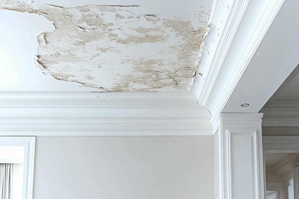 Peeling and water-damaged ceiling paint in a white room with crown molding.