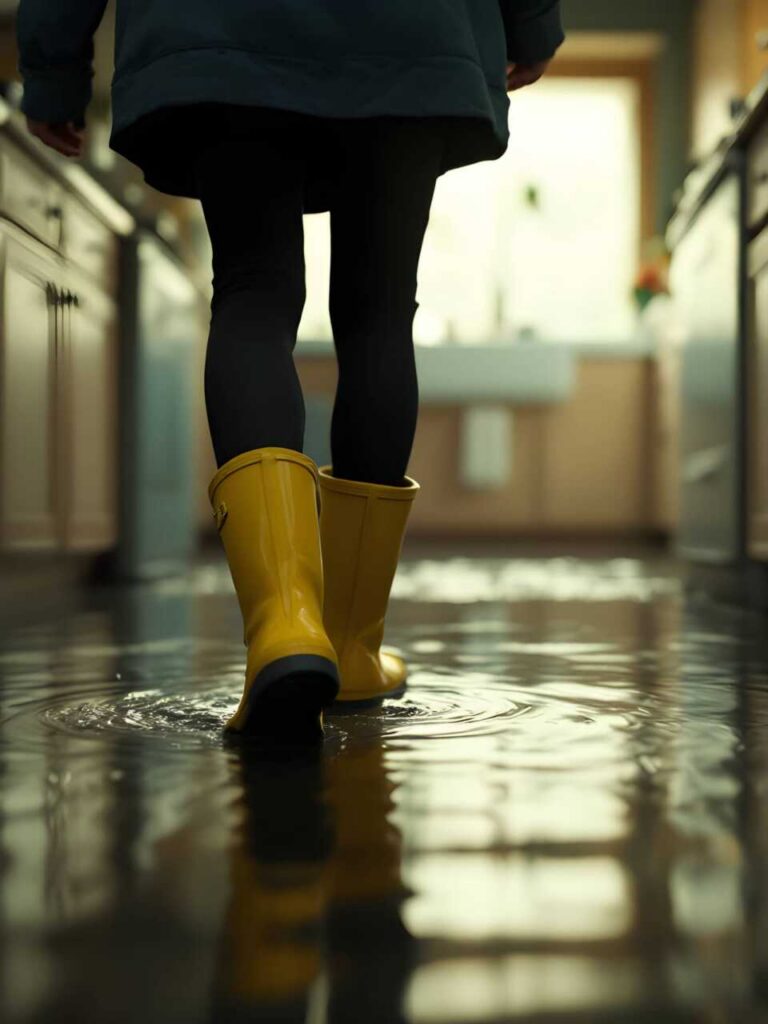 Person in yellow rain boots walking through a flooded hallway.