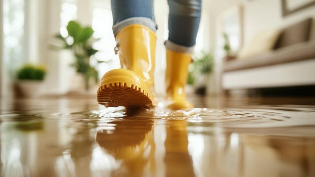 Person wearing yellow rain boots walking through a flooded indoor floor with water ripples.