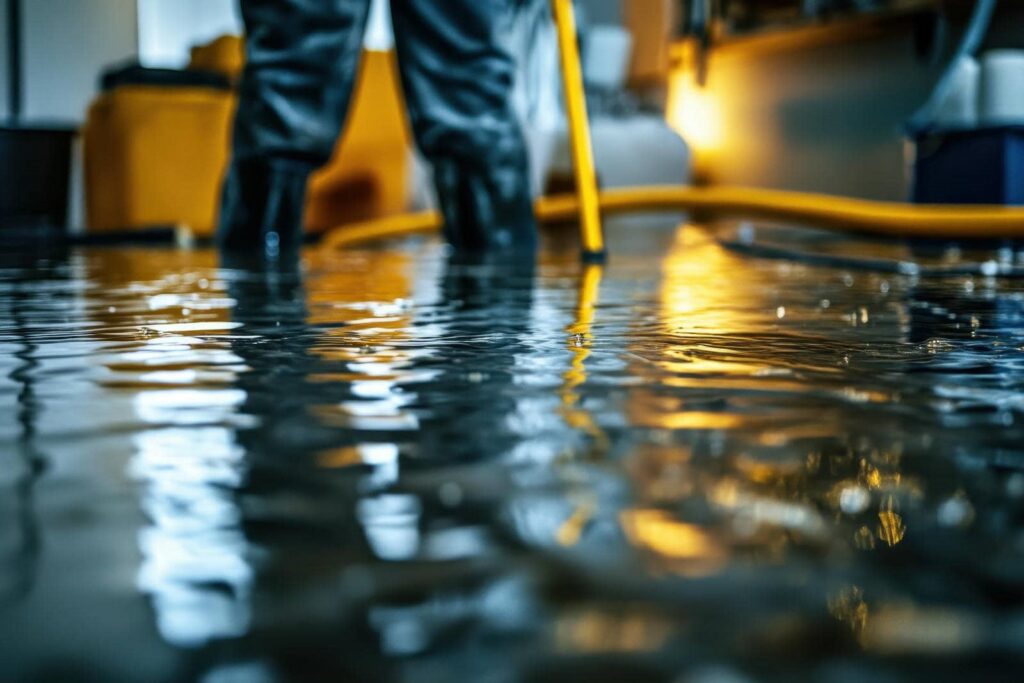 Person wearing waterproof boots standing in a flooded indoor area with water reflecting light.