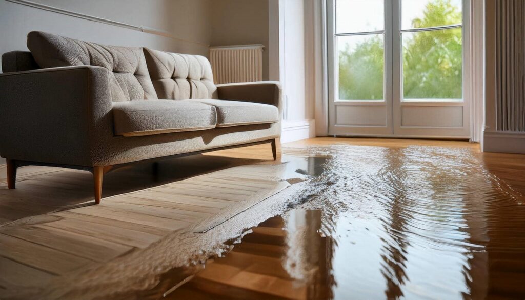 Water flooding a wooden floor near a beige sofa in a sunlit living room.