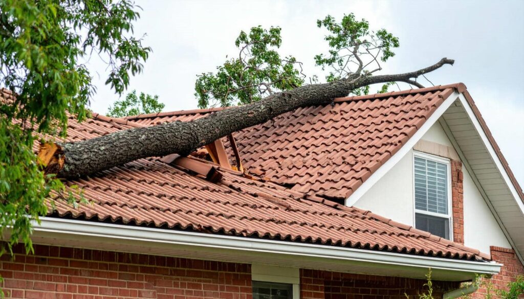 A large tree has fallen and broken through the tiled roof of a brick house.