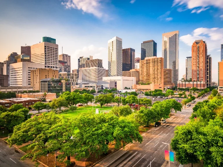 Downtown city skyline with tall buildings and a green park in the foreground under a blue sky. water damage restoration Houston TX