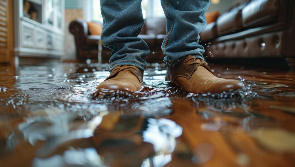 Person wearing brown shoes and jeans standing in a flooded room with water splashing around their feet.