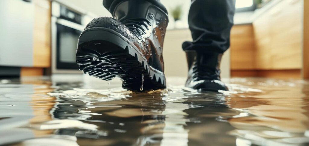Close-up of black waterproof boots stepping in a flooded indoor floor with water droplets.