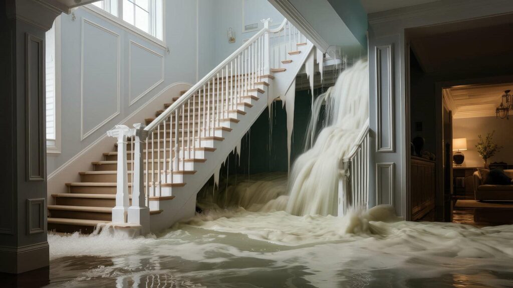 Water cascading like a waterfall down an indoor staircase, flooding the room below.