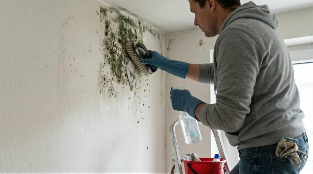 Man wearing gloves scrubs mold off a wall with a brush and spray bottle.