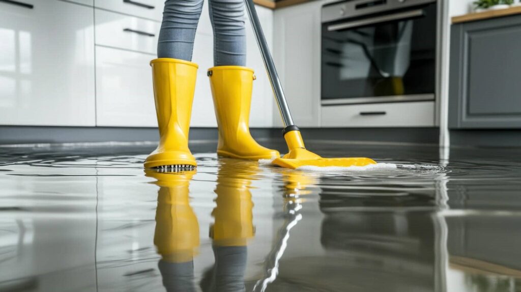 Person in yellow boots mopping a flooded kitchen floor.