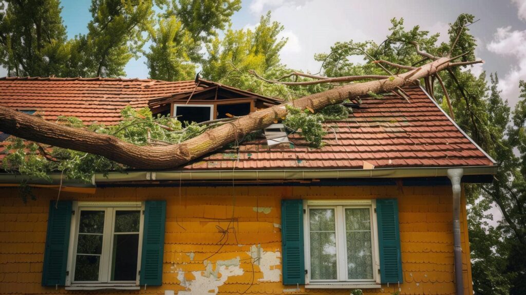 Large tree fallen across a house roof, causing visible damage to the tiles and attic window.
