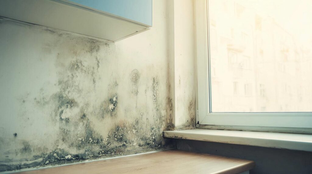 Black mold growing on a wall corner near a window and wooden surface.