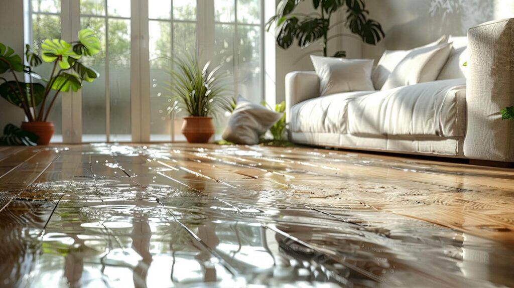 Sunlit living room with a white sofa, potted plants, and a wet wooden floor reflecting light.