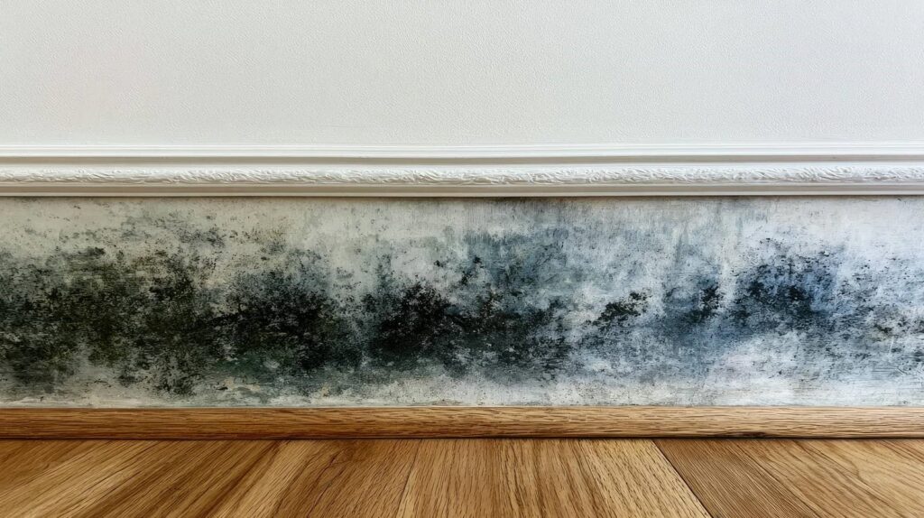 Black mold growth on a lower wall above wooden flooring and below white molding.