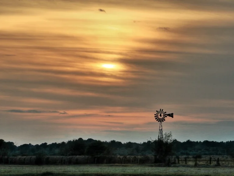 Sunset sky with a silhouette of a windmill and trees on the horizon. water damage restoration Tomball TX