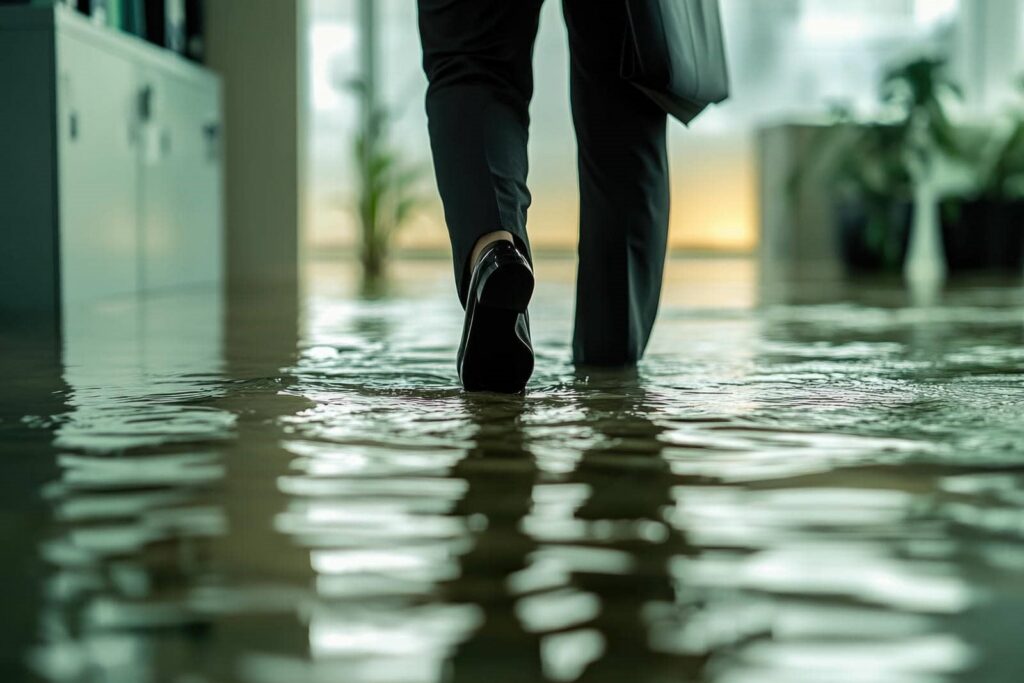 Person in dress shoes walking through a flooded indoor space.