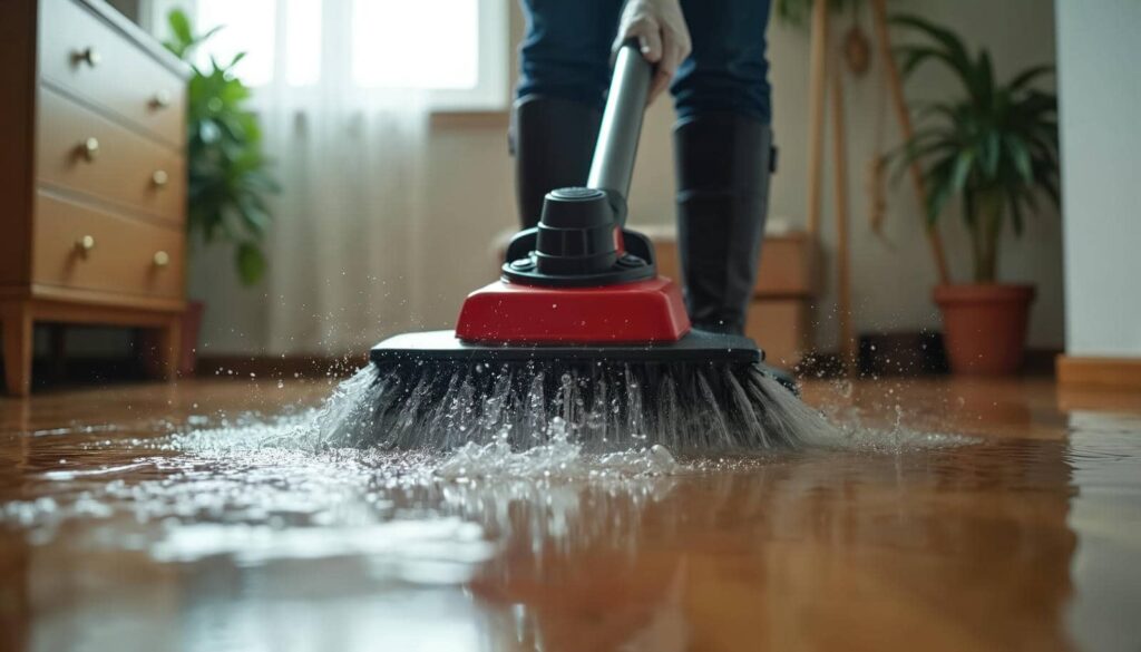 Person using a red brush to clean a wet wooden floor indoors.