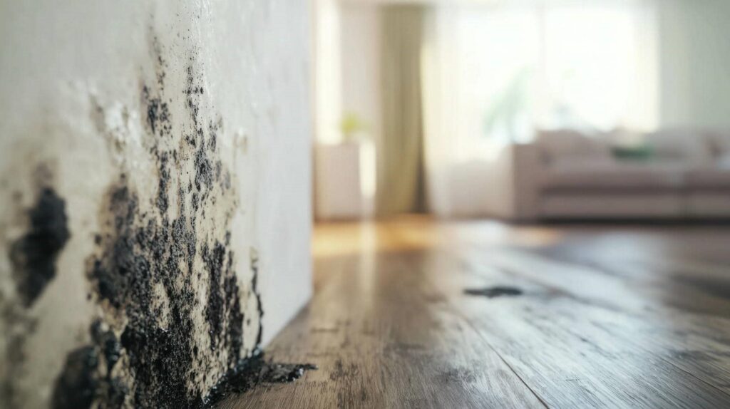 Black mold growing on a white wall near a wooden floor in a bright living room.