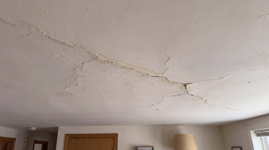 Cracked and water-damaged ceiling in a room.